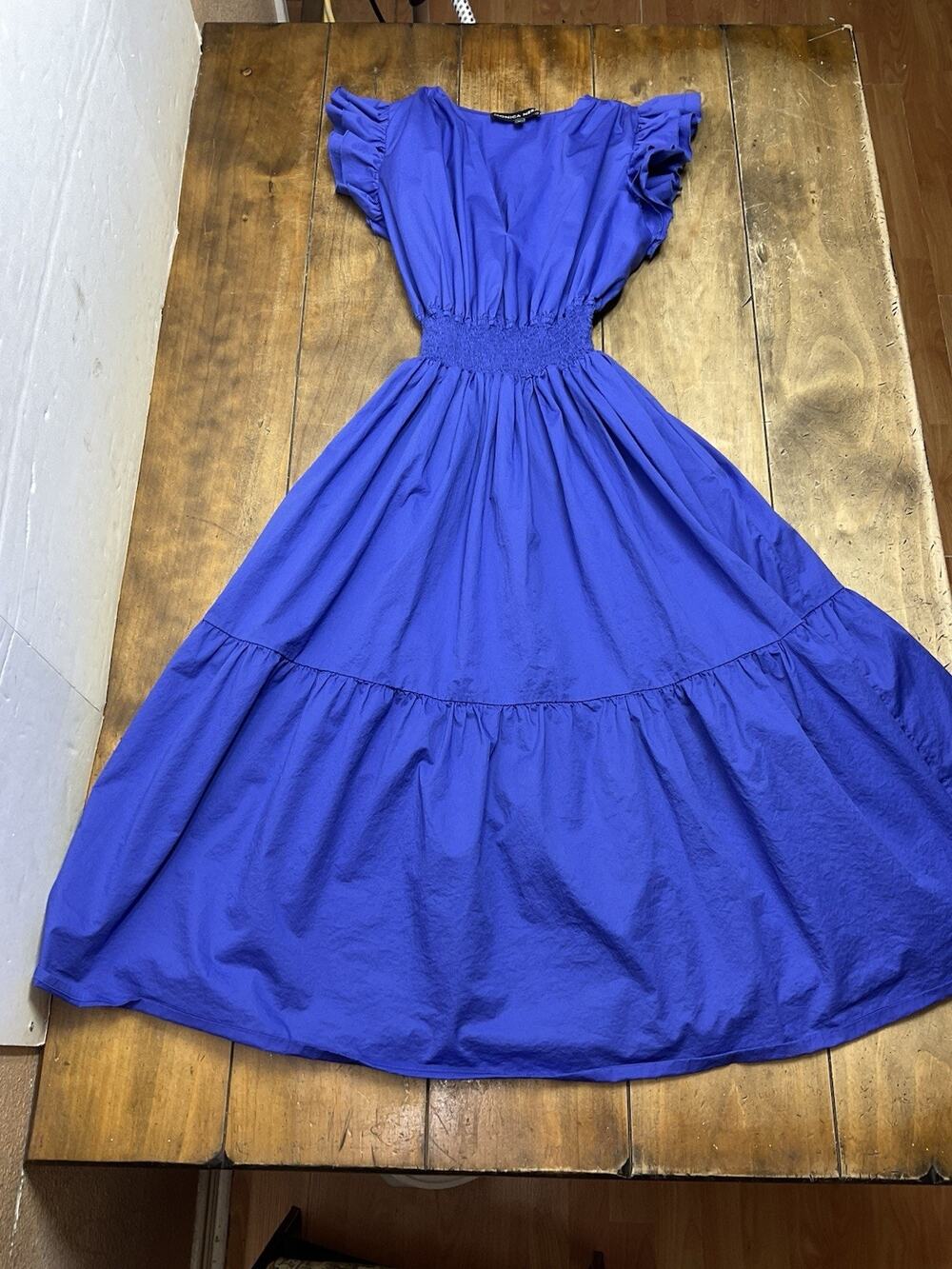 Monica Nera Cathy Dress Ruffle Maxi Smocked Boho Blue Large